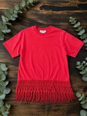 Amy Young Red Fringe Hem Top Vintage Boho Festival Tee Size M